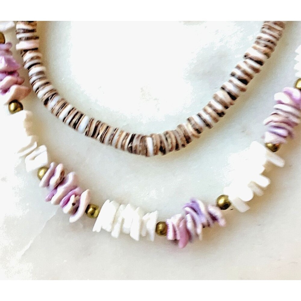 Vintage Tiger Puka Shell Necklace and Pink Purple Shell Chip Necklaces 17"